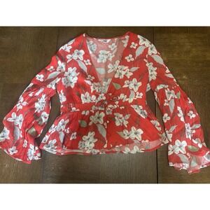 Jack by BB Dakota Tiger Lily Floral Poppy Red Orange Bell Sleeve Blouse Sz Small